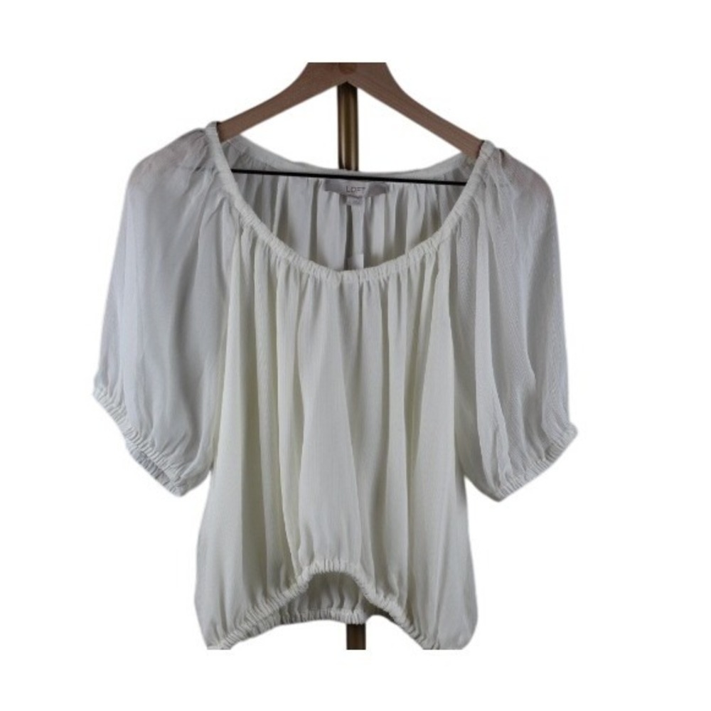 Loft White Peasant Blouse Puff Sleeve Side Tie Elastic Hem Top Small NEW - Picture 2 of 5